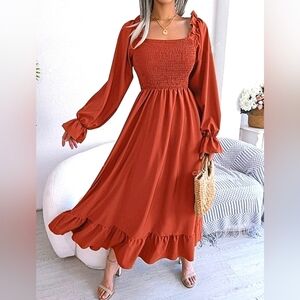 Maxi Biho Dress Square Neck Flounce Pleated Rust Colored Bohemian Dresses